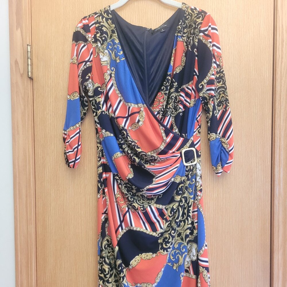 Tahari Arthur Levine wrap dress with buckle accent. Red, blue, black, gold, Sz 8